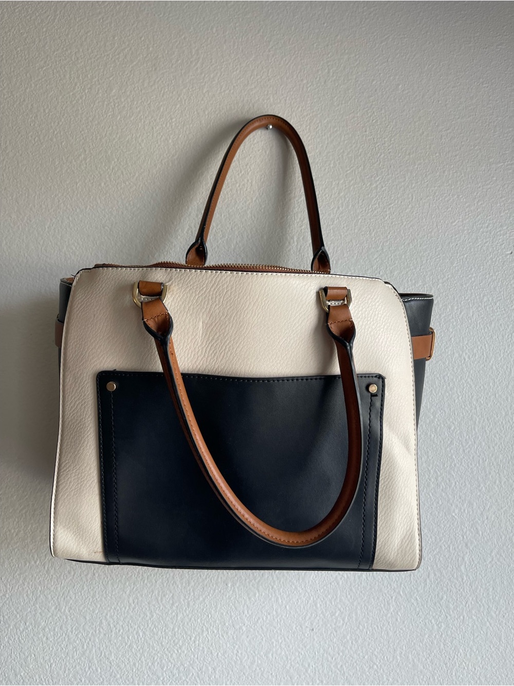 a new day Cream and Black Colorblock Laptop Tote with Brown Handles